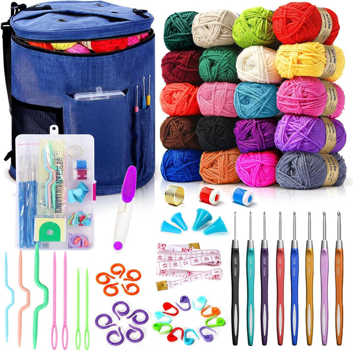 75 Farben Häkelwolle Set, Grosse Stricktasche, 20 Garnfarben, komplettes Set Mit Strickzubehör Einsc