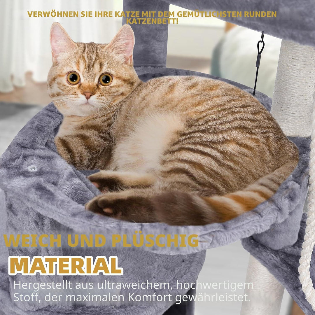 TINWEI Katzenbaum mit Katzenhütte und Zwei Hängematten, Grau, Grau