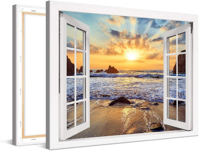 PICANOVA – Bild auf Leinwand Felsiger Strand Sonnenuntergang Fenster 80x60cm – Leinwandbild – Premiu