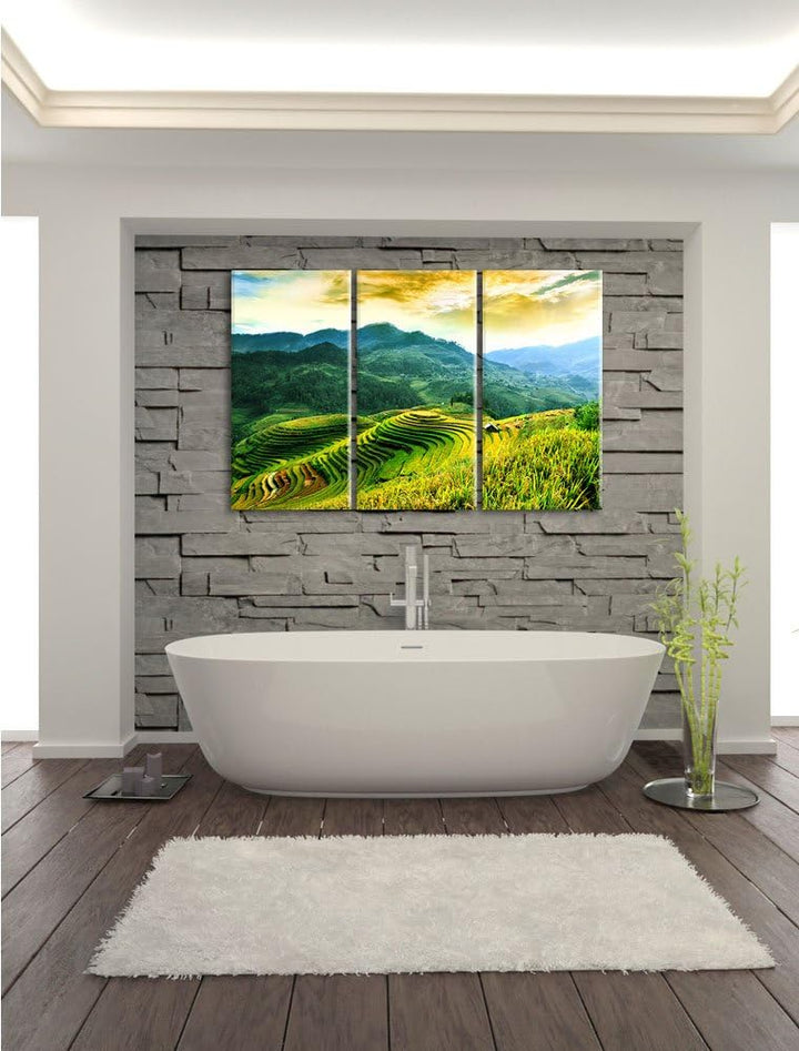 Pixxprint Reisfelder in Vietnam als Leinwandbild | Grösse: 3 Teilig (120x80) | Wandbild| Kunstdruck
