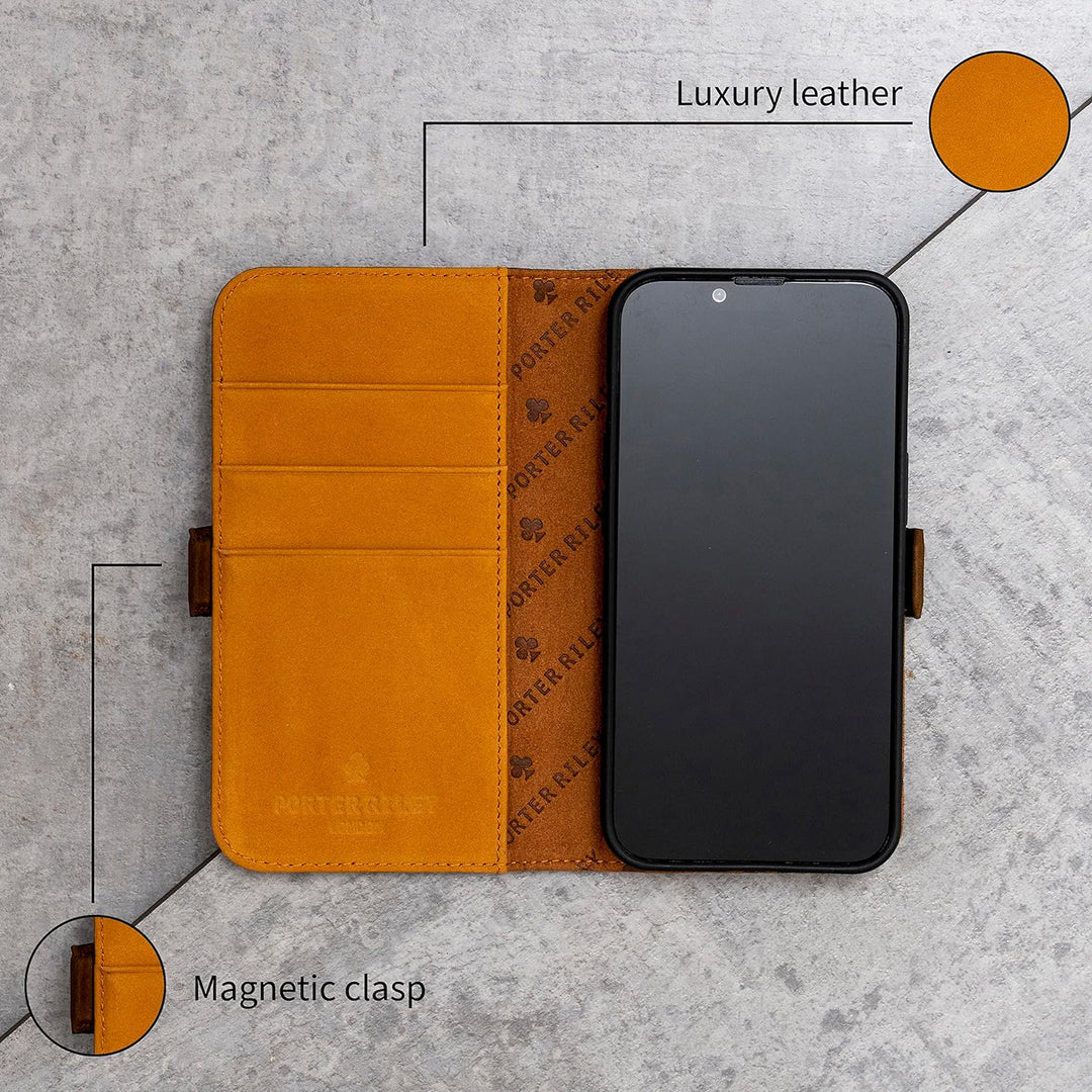 Porter Riley - Lederhülle für iPhone 14 Pro. Premium Echtleder Standhülle/Ledertasche/Brieftasche mi