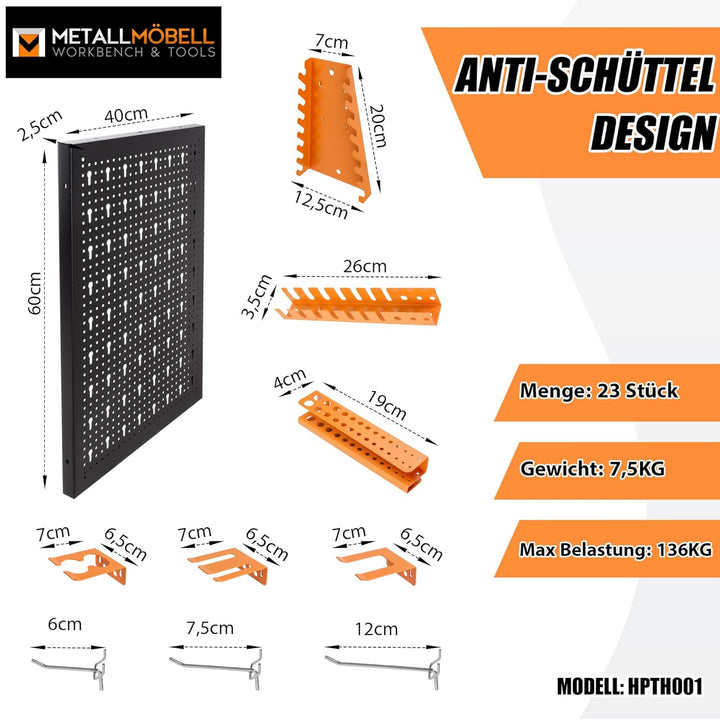METALLMOBELL - Werkzeugwand Metall Lochwand, 160x60x2 cm, 4 Lochplatten 40x60x2 cm, Haken und Halter