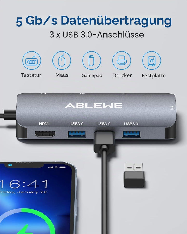 USB C Hub ABLEWE 8 in 1 USB C Adapter mit 1000M Ethernet RJ45 LAN, 4K HDMI, 87W PD, SD/TF Kartenlese