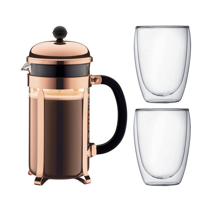 Bodum K1928-18-1 Chambord Set Kaffebereiter 8 Tassen mit 2 Gläser 35 cl Doppelwand Pavina, Chrom, 1