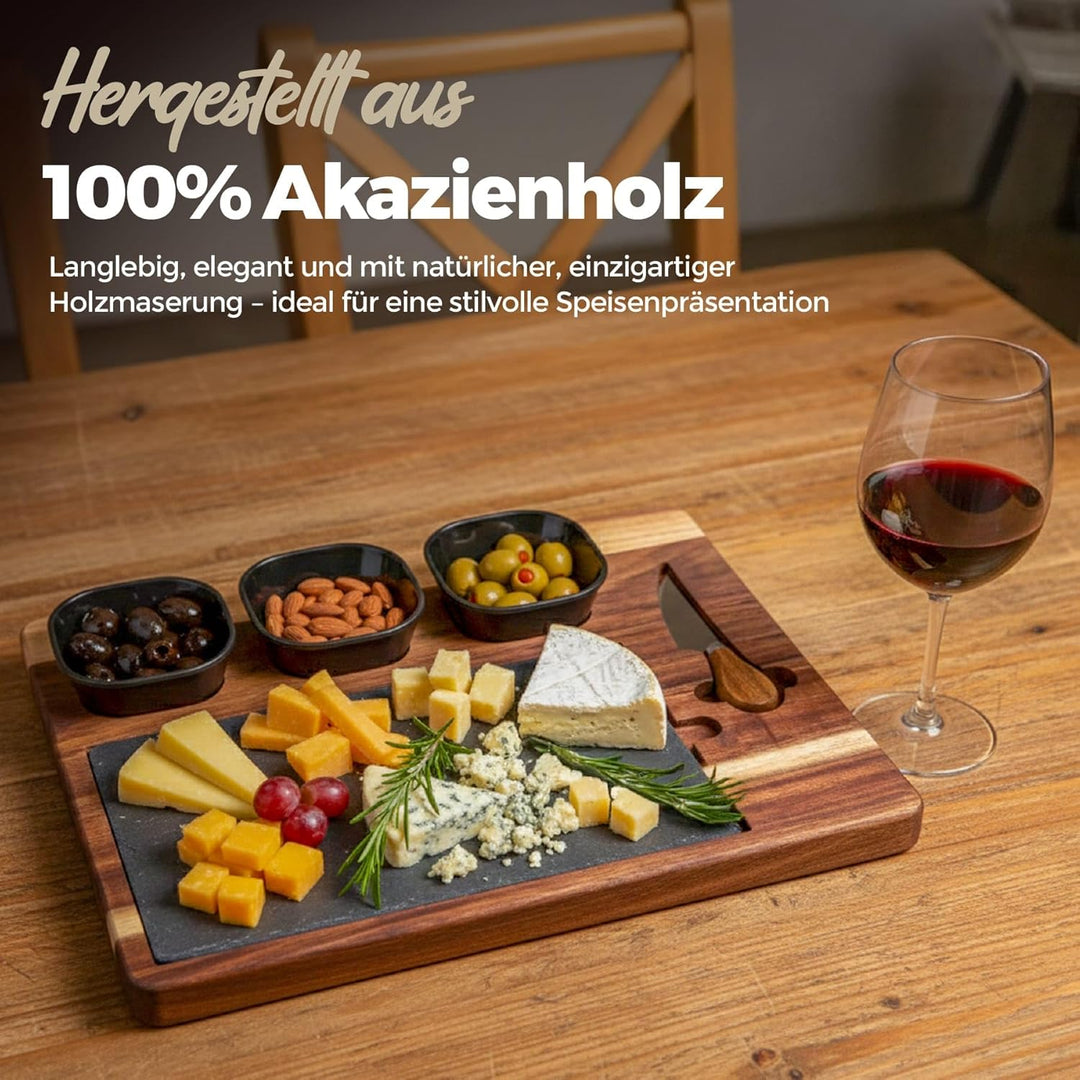 Servierbrett Set aus Holz mit Schieferplatte – Käseplatte & Antipasti Platte inkl. Käsemesser und 3