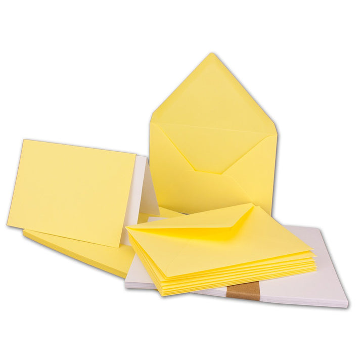 400x Faltkarten SET DIN A6/C6 mit Brief-Umschlägen in Zitronengelb - inklusive Einleger - 14,8 x 10,