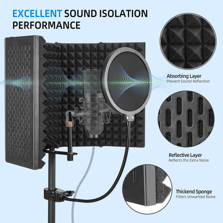 Mikrofon Isolationsschild Set, Schaumstoffschutz mit Pop-Filter, Stativständer, Faltbares Design