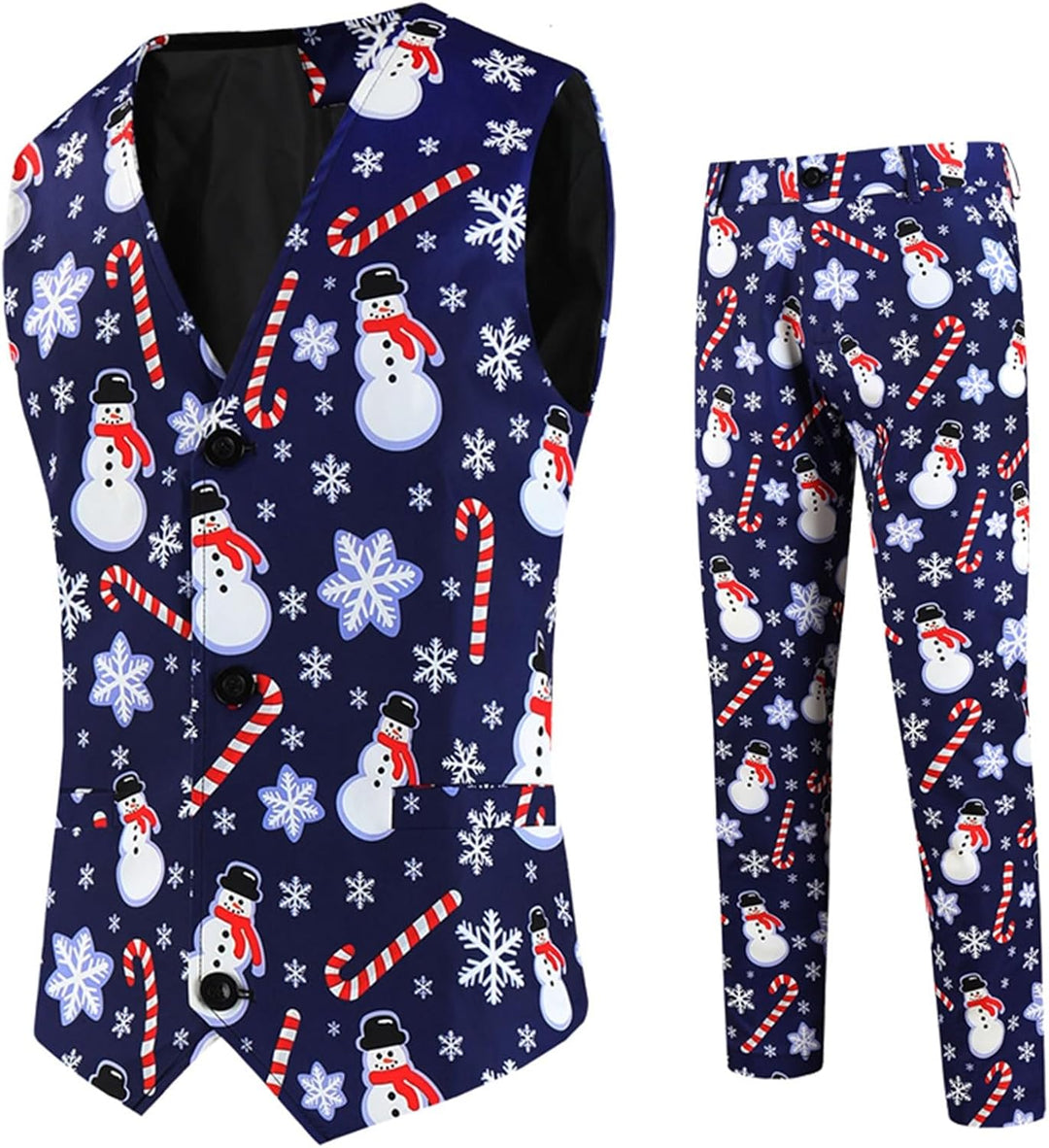 Herren Weihnachtsanzug 2Teilig Weihnachtsweste Slim Fit Button Verschiedene Weihnachtsmotiv Formal W