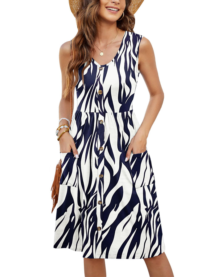 MOLERANI Damen Sommerkleider Ärmellos Lässig Locker Swing Button-Down Midikleid mit Taschen S Blatt