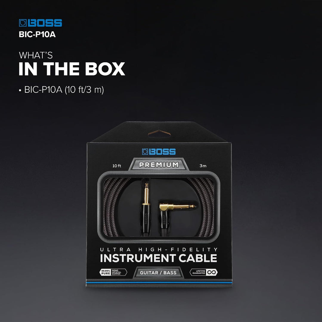BOSS BIC-P10A, Instrumentenkabel mit geraden auf gewinkelten 6,3-mm-Klinkensteckern, 10ft / 3m 10ft/