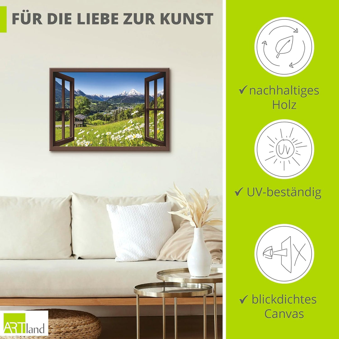 Artland Leinwandbild Wandbild Bild auf Leinwand 70x50 cm Wanddeko Fensterblick Fenster Alpen Landsch