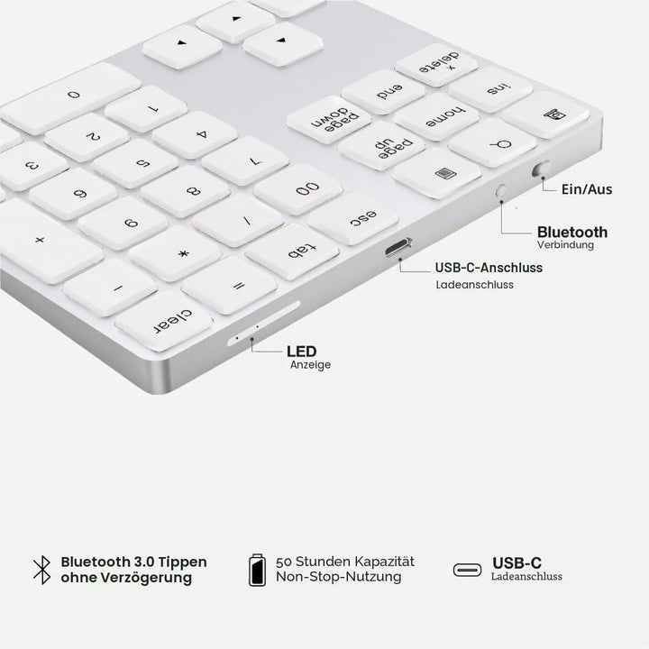 USB-C Bluetooth Numerische Ziffernblock – Kabelloses NumPad, Wiederaufladbare Numerische Tastatur fü
