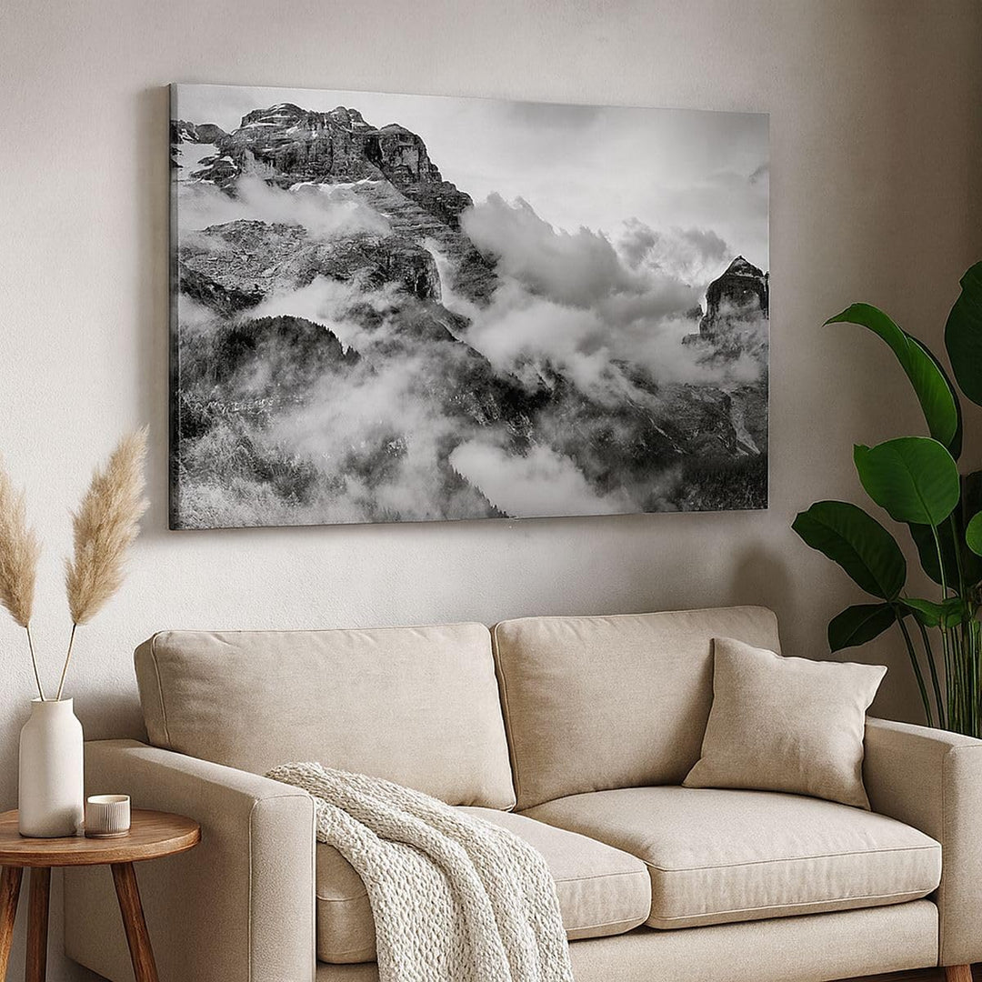 Bilder auf Leinwand Berge Nebel Gipfel Leinwandbild mit Rahmen 70x50cm Wandbilder Dekoration Wohnzim
