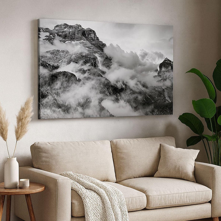 Bilder auf Leinwand 100x70cm Leinwandbild mit Rahmen Berge Nebel Gipfel Gross Wanddeko Bild Schlafzi