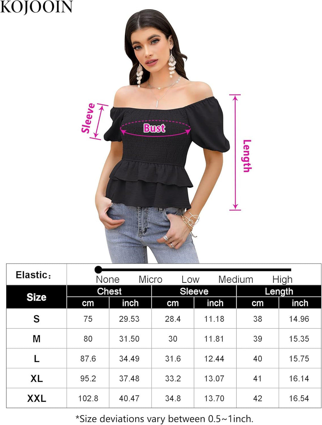KOJOOIN T-Shirt Damen Sommer Oberteile Kurzarm gesmokes rüschenes Tunika Elegant Eckigem Ausschnitt
