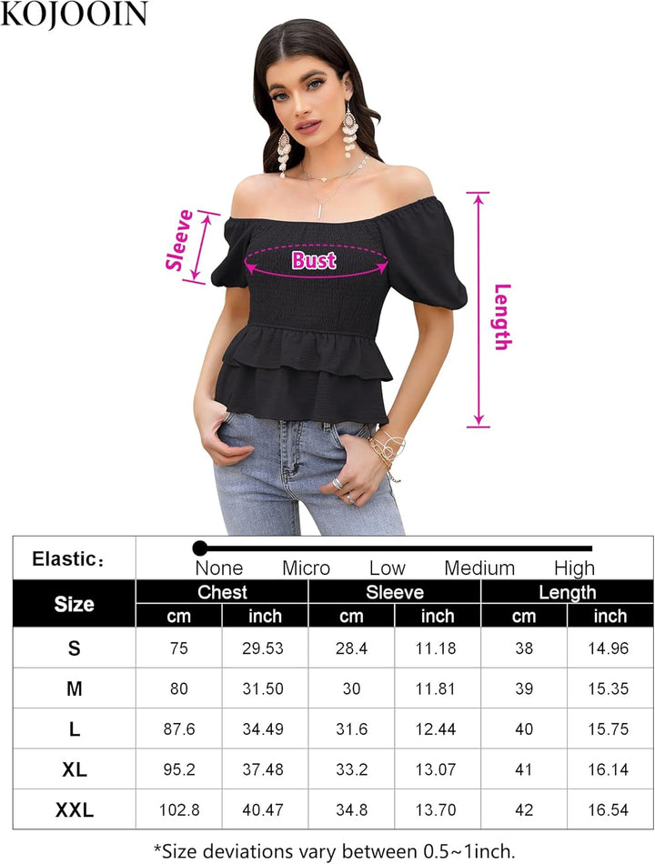 KOJOOIN T-Shirt Damen Sommer Oberteile Kurzarm gesmokes rüschenes Tunika Elegant Eckigem Ausschnitt