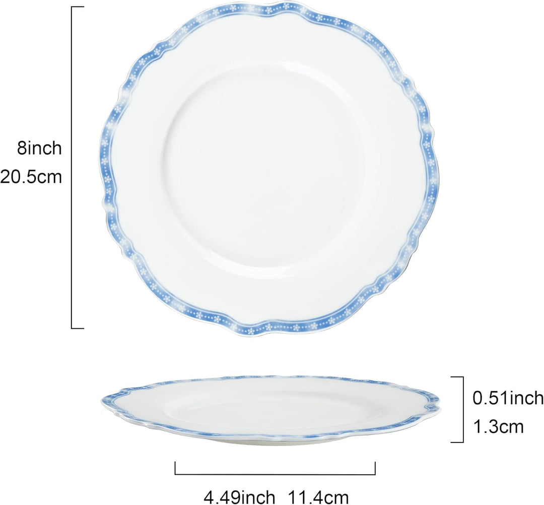 fanquare 4 Stück Dessertteller Set aus Porzellan, Pastateller mit Blau Stern Rand, Kuchenteller Früh