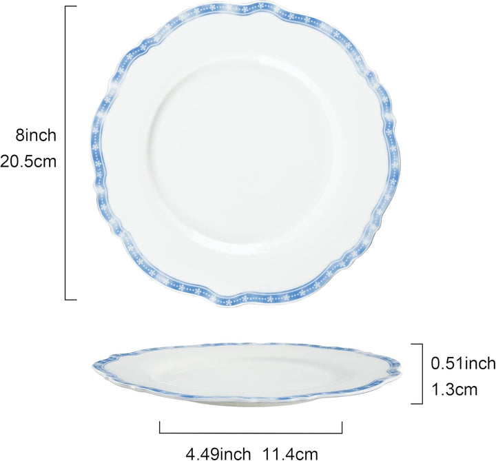 fanquare 4 Stück Dessertteller Set aus Porzellan, Pastateller mit Blau Stern Rand, Kuchenteller Früh