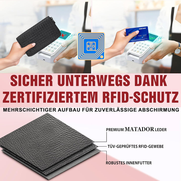 MATADOR Geldbörse Damen XXL Gross Leder Geldbeutel Doppelter Reissverschluss TÜV Geprüfter RFID & NF