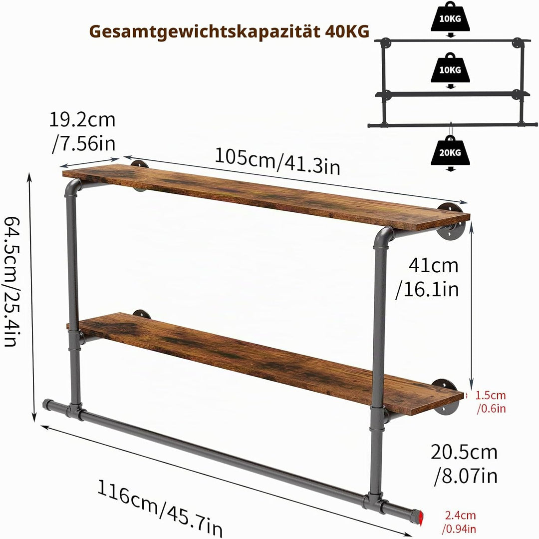 unho Kleiderstange zur Wandmontage, Wandgarderobe mit 2 Ablage im Industrierohrstil, Wandgarderoben