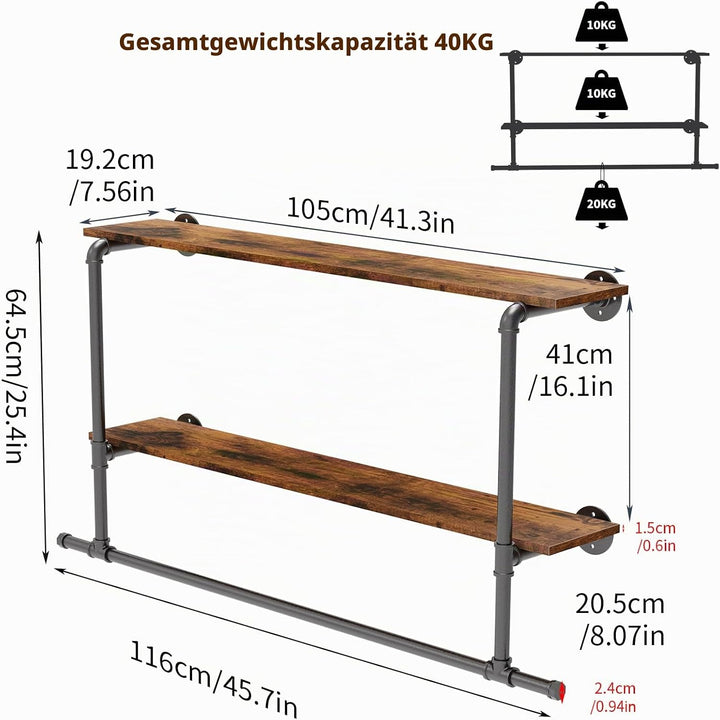unho Kleiderstange zur Wandmontage, Wandgarderobe mit 2 Ablage im Industrierohrstil, Wandgarderoben