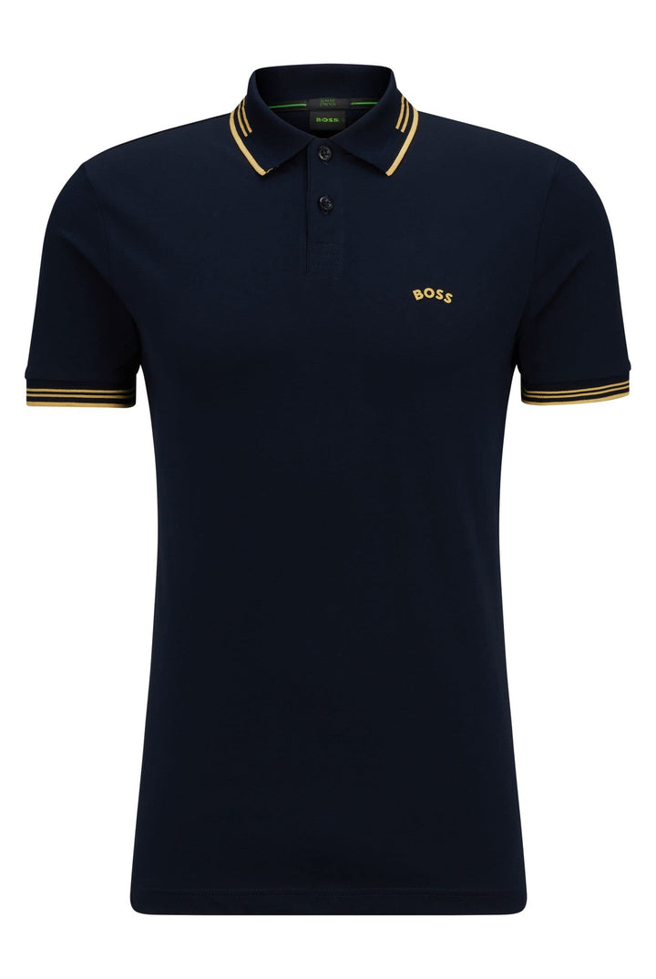 BOSS Herren Paul Curved Slim-Fit Poloshirt aus Stretch-Baumwolle mit geschwungenem Logo Dunkelblau M