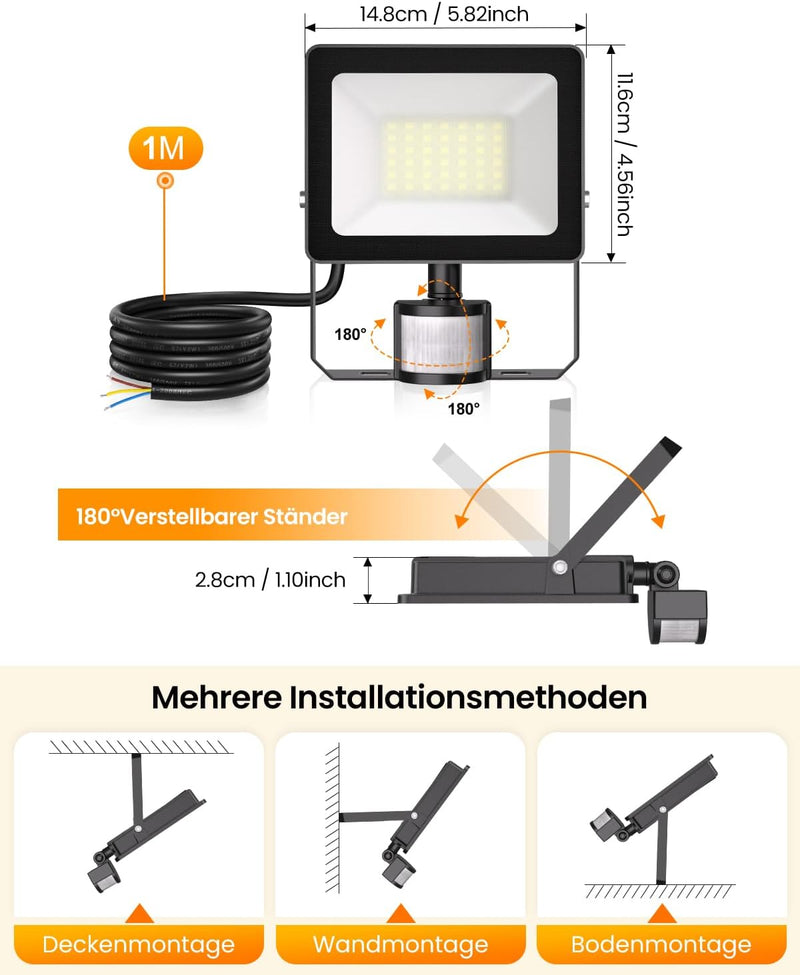 MEIKEE 35W LED Strahler mit Bewegungsmelder Aussen 3440LM 6500K Kaltweiss 3 Modi 10 Helligkeitsstufe