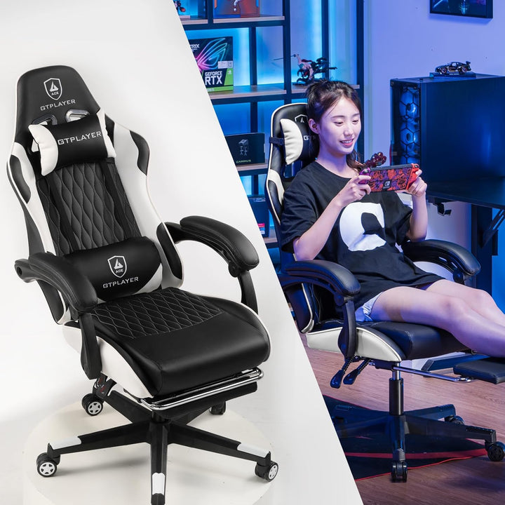 GTPLAYER Gaming Stuhl, Gamer Stuhl, Ergonomischer Bürostuhl mit mit Fussstütze verstellbare Lenden u