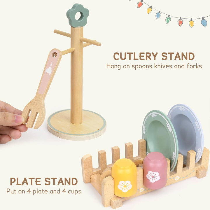 Kinderküche Geschirr Teeservice Kinder Holz, 29 Pcs Montessori Küchenzubehör mit Tassen Teller, Spie