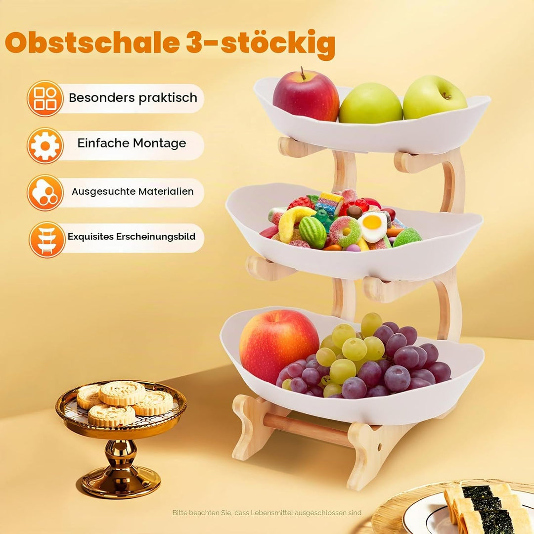 Keramik Obst Etagere mit 3 Etagen,Obstkorb Etagere für die Familie,Obstschale Modern mit Natürlichem