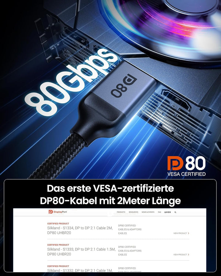 Silkland 80Gbps DisplayPort Kabel 2.1 2M [VESA-Zertifiziert] DP80, [8K@240Hz 4K@540Hz 360Hz 240Hz 18