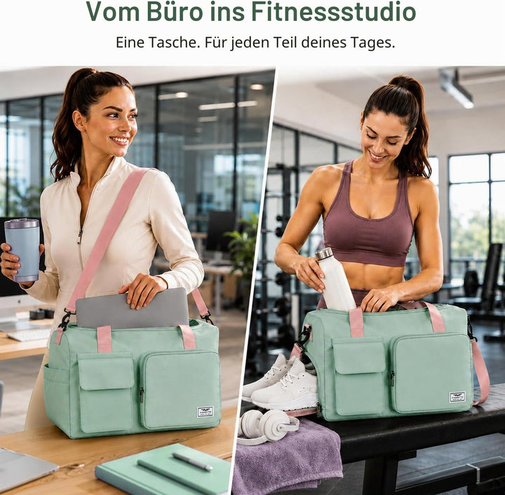 FIORETTO 35L Damen Sporttasche Faltbare Reisetasche mit Schuhfach und Nassfach, Wasserabweisende Wee