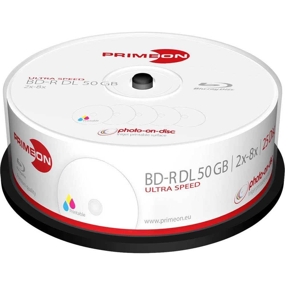 Primeon BD-R DL 50GB/2-8x Cakebox (25 Disc) Photo-on-disc, Inkjet Full Size Printable Surface