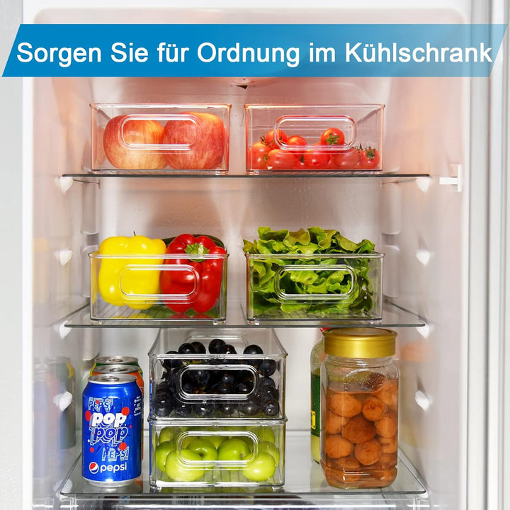 Herrfilk Kühlschrank Organizer 6er Set, Durchsichtig Stapelbare Aufbewahrungsbox mit Griff, Tidy Fri