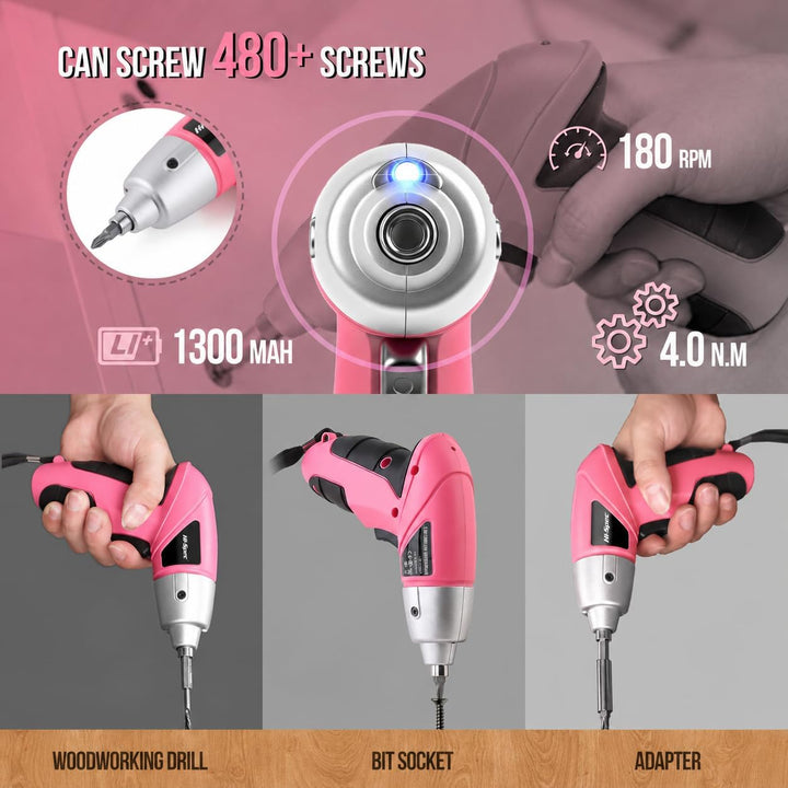 Hi-Spec Akkubohrer Set in Pink – Kompakter Mini Akkuschrauber mit leistungsstarkem 3.6-V-Akku, LED-L