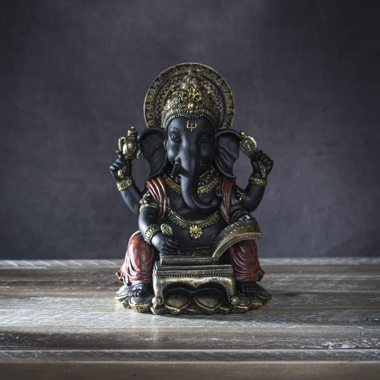 Pacific Giftware Ganesha Figur schreibt in Buch der Erkenntnis | Schwarz Buddha Deko