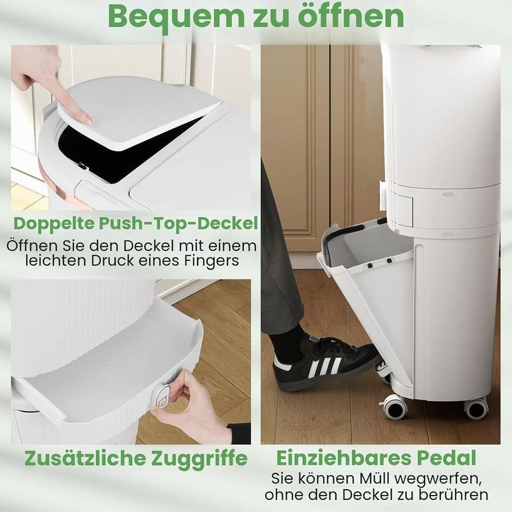GIANTEX Mülleimer Küche 42 L, Mülltrennsystem 3 Fächer & Schublade, Abfalleimer mit Rollen, Küchenmü