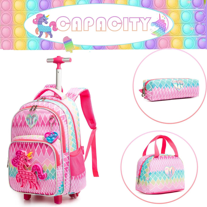 HTgroce Rollrucksack Schulranzen mit Rollen 1. klasse für Mädchen Pop it Rucksack Zoll Set 3 in 1 mi