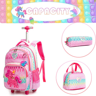 HTgroce Rollrucksack Schulranzen mit Rollen 1. klasse für Mädchen Pop it Rucksack Zoll Set 3 in 1 mi