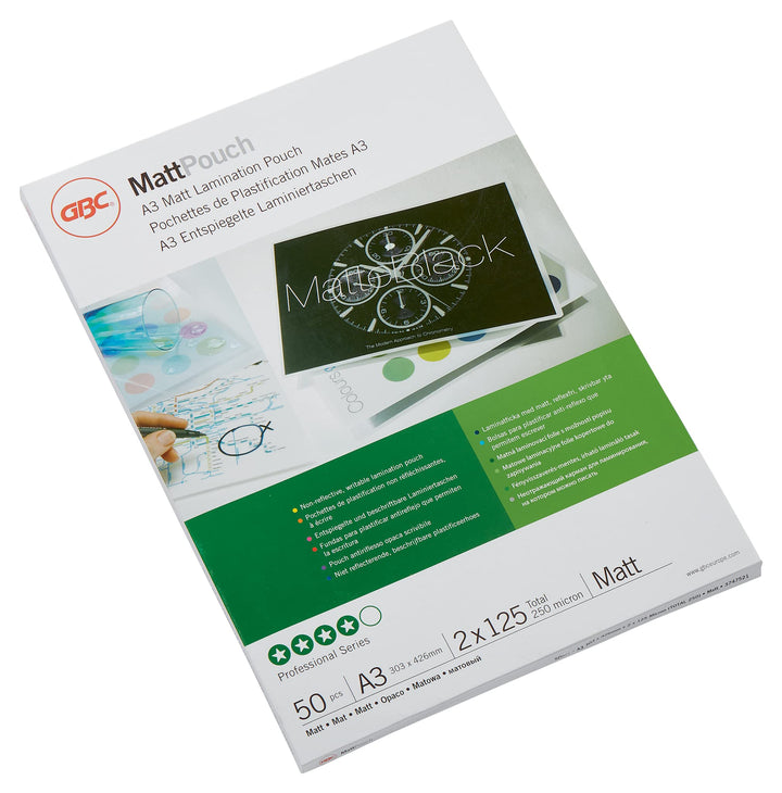 GBC Laminierfolien A3 Matt 125 mic, Beschriftbare Oberfläche, Robuste Laminiertaschen im 50er Pack,