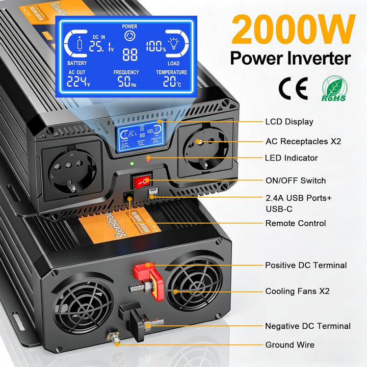 Starkbaer 2000W Wechselrichter 24v auf 230v Reiner Sinus Spannungswandler mit LCD-Bildschirm, Fernbe