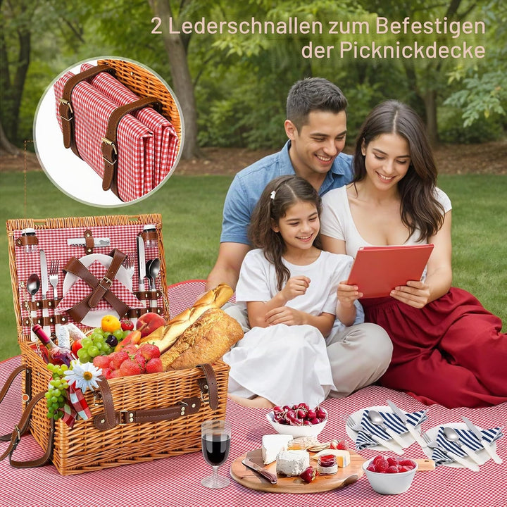 Premium Picknickkorb-Set für 4 Personen, Weidenkorb mit Kühlfach, Wasserdichter Decke, Tellern, Gläs