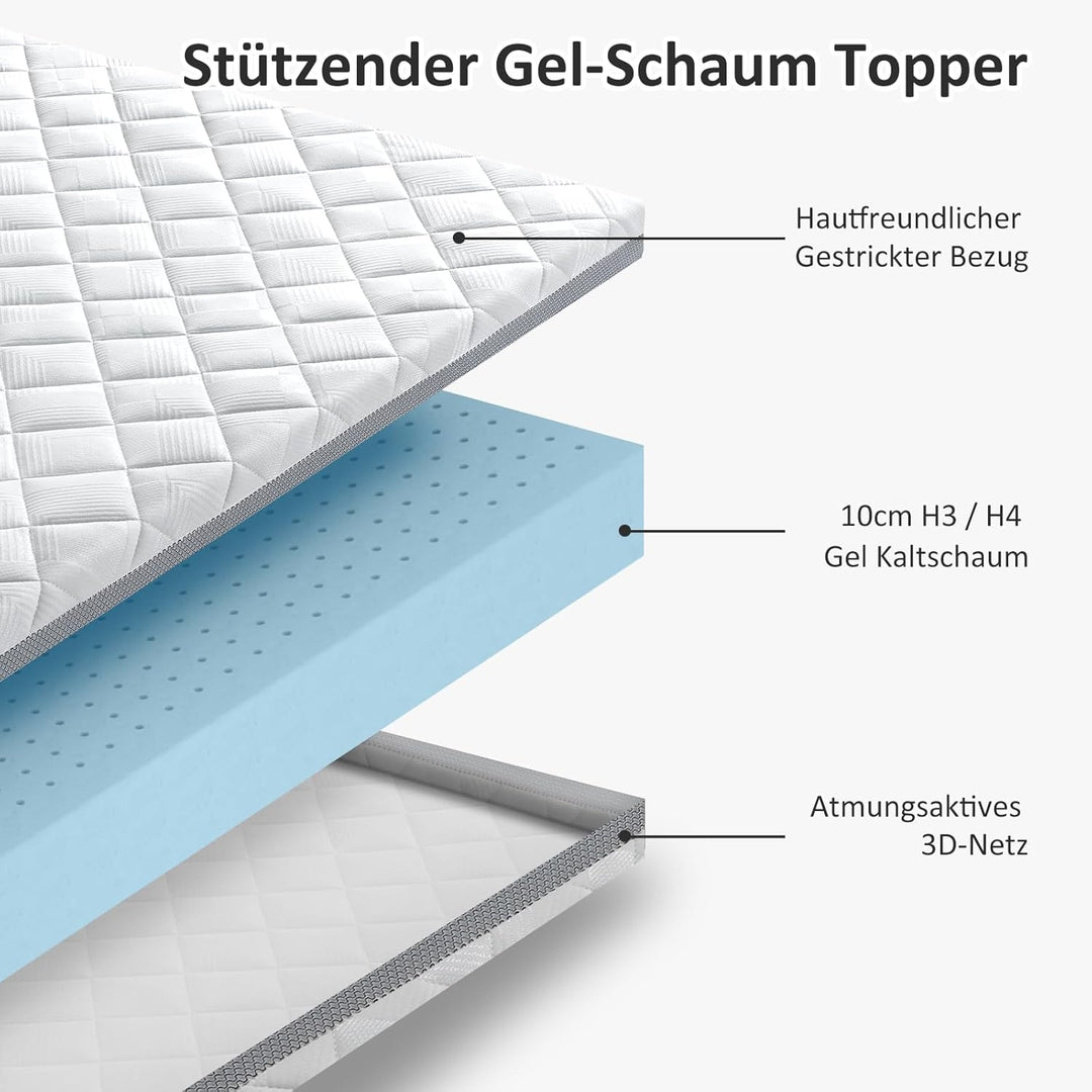 BedStory Gel Topper 90x200cm H3/H4 aus 10cm Höhe Kaltschaumkern, atmungsaktive 3D-Netz Bezug, Bequem
