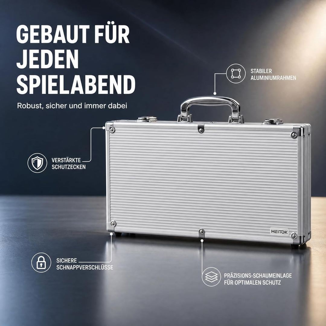 Poker-Chips-Set mit Wertangaben, 300 Stück 11,5g Profi-Chips nummeriert in Alu-Koffer inkl. 5 Würfel