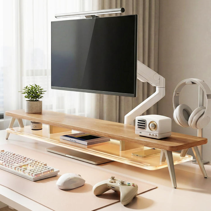 Fenge Monitorständer,108cm, LED-Beleuchtung für Laptop PC TV, Dunkle Eiche | Schaltbare Farben, 2 Ge