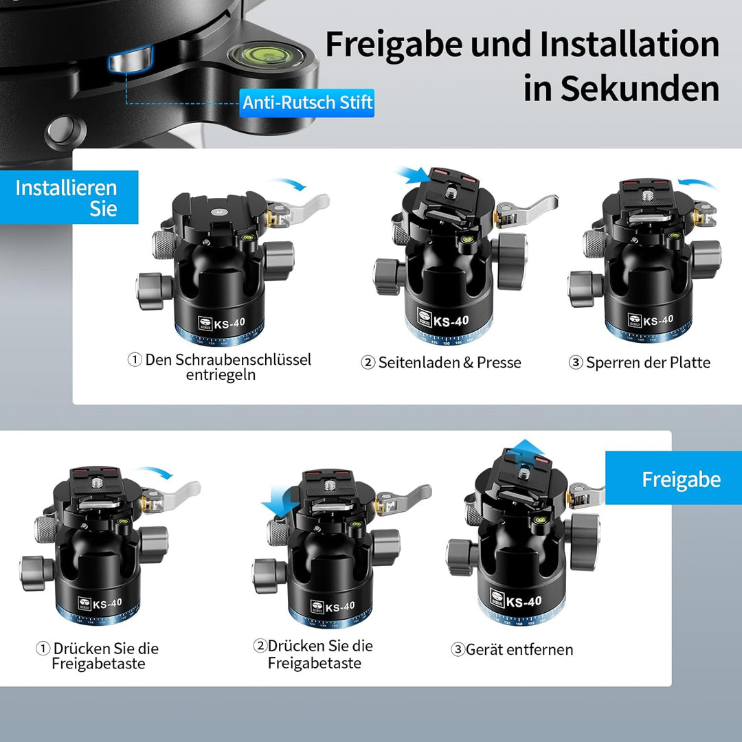 SIRUI KS-40 Low Profile Kugelkopf, 40mm Aluminium 360° Doppel-Panoramakugelkopf für Kamera, Camcorde