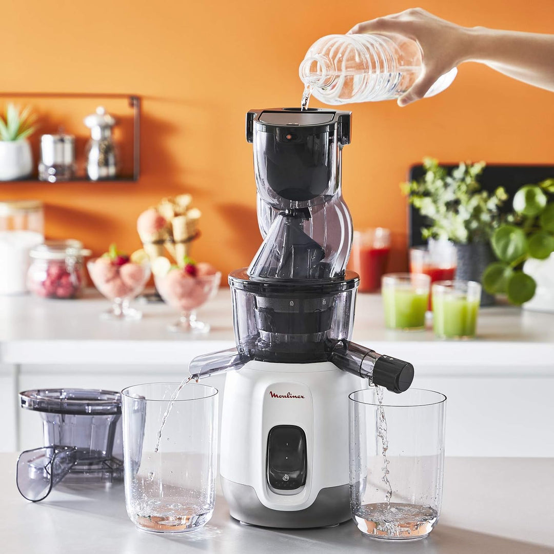MOULINEX Ultra Juice Entsafter für Kaltsaft 2 Filter Trinkflasche 600 ml extra breit 85 mm Automatis