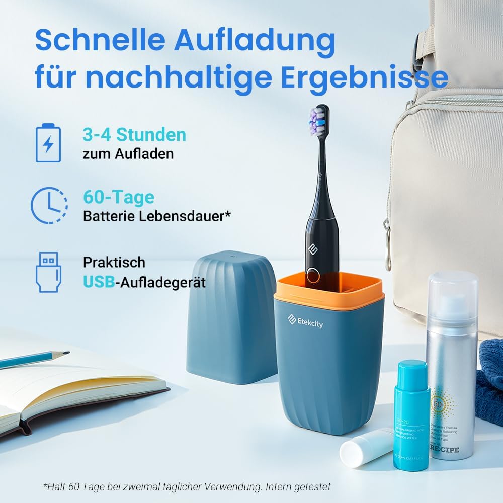 Etekcity Elektrische Schallzahnbürste, Deep Clean Modi, 6 Bürstenköpfe, schnelle Aufladung für 60 Ta