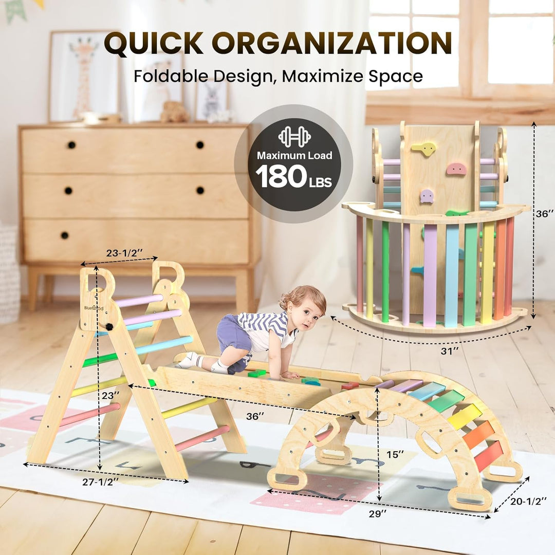 BlueWood 7-in-1 Montessori Kletterdreieck mit Kletterbogen und Rutsche, Holzdreieck für Kleinkinder,