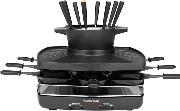 GASTROBACK 42567 Raclette Fondue Set Family and Friends, für 8 Personen mit grosser Gerippter Grillp